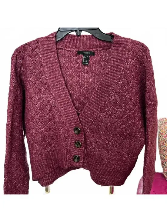 Forever 21 Berry Maroon Button Crop Cardigan- Size Small - Picture 2 of 7